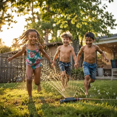 Children Running Through Backyard Sprinkler