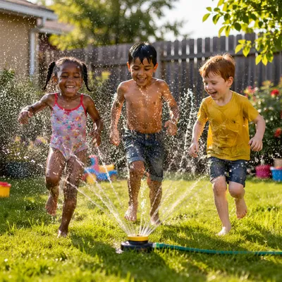 Children Running Through Backyard Sprinkler
