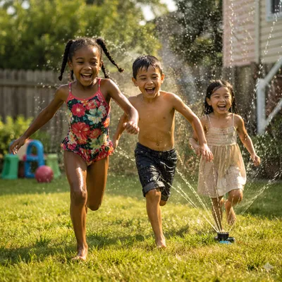 Children Running Through Backyard Sprinkler