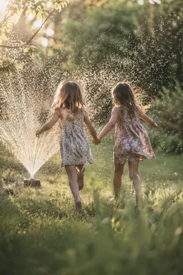 Children Running Through Summer Sprinkler Yard