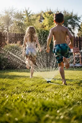 Children Running Through Summer Sprinkler Joy