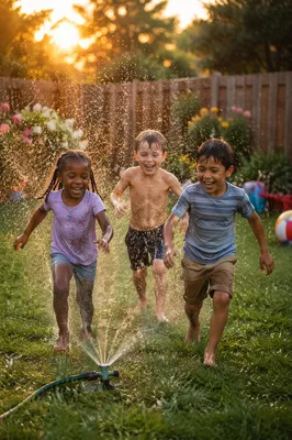Children Running Through Backyard Sprinkler
