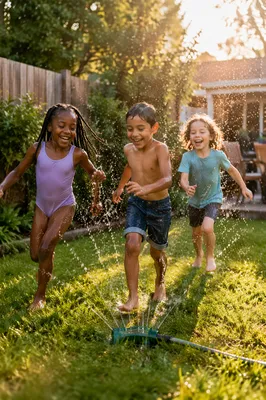 Children Running Through Backyard Sprinkler