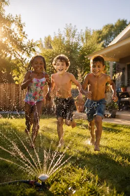 Children Running Through Backyard Sprinkler