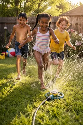 Children Running Through Backyard Sprinkler