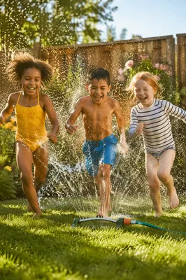 Children Running Through Backyard Sprinkler
