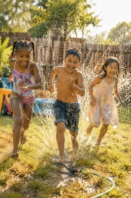 Children Running Through Backyard Sprinkler