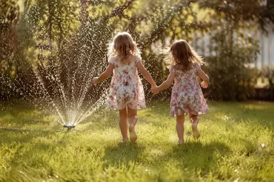 Children Running Through Summer Yard Sprinkler
