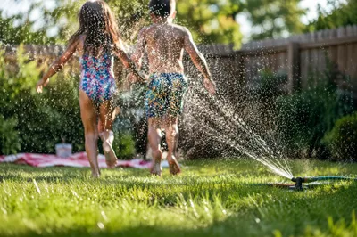 Children Running Through Summer Sprinkler