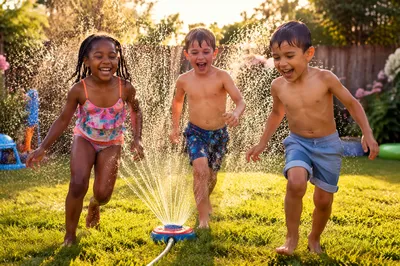 Children Running Through Backyard Sprinkler
