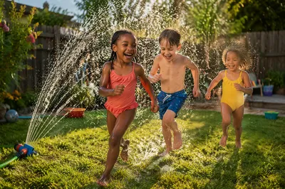 Children Running Through Backyard Sprinkler
