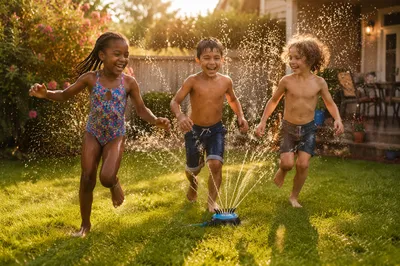 Children Running Through Backyard Sprinkler
