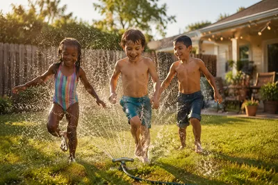 Children Running Through Backyard Sprinkler