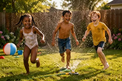 Children Running Through Backyard Sprinkler