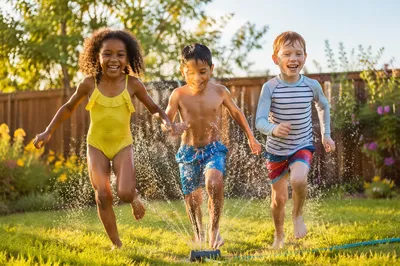 Three Children Running Through Backyard Sprinkler