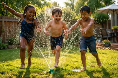 Children Running Through Backyard Sprinkler