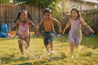 Children Running Through Backyard Sprinkler