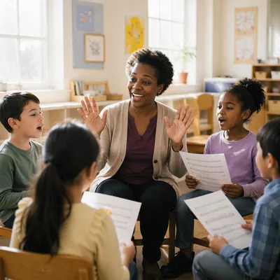 Children Singing with Teacher in Classroom