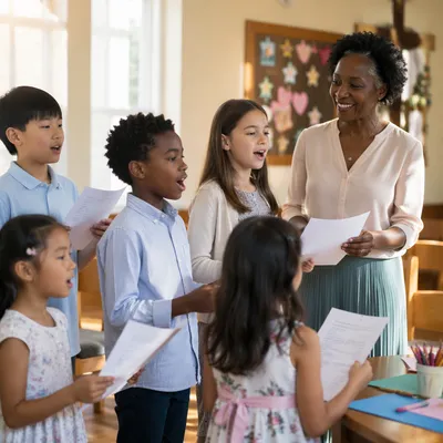 Children Singing with Teacher in Classroom