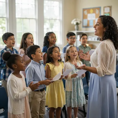 Children Singing with Teacher in Classroom