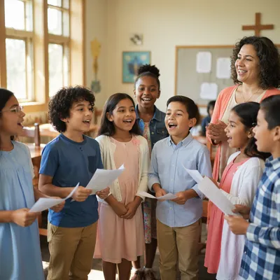 Children Singing in Bright Classroom
