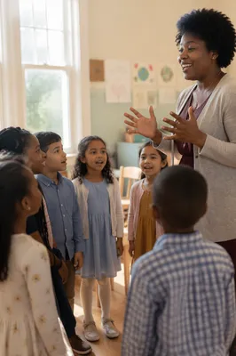 Children Singing in Sunny Classroom