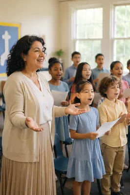 Children Singing with Teacher in Classroom