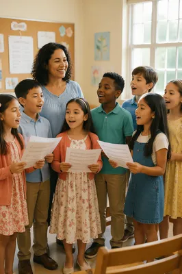 Children Singing in Bright Classroom