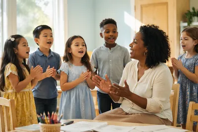 Children Singing with Teacher in Classroom