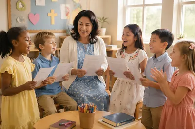 Children Singing in Bright Classroom Circle