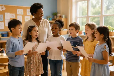 Children Singing Together in Bright Classroom