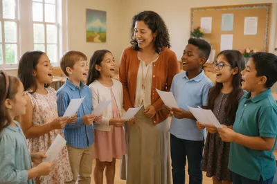Children Singing in Bright Classroom Circle