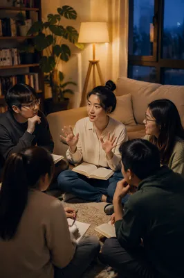 Chinese Young Adults in Cozy Living Room