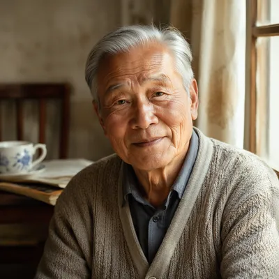 Peaceful Elderly Chinese Man by Window