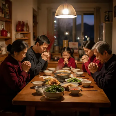 Chinese Family Praying Before Dinner Together