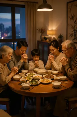 Chinese Family Praying Before Dinner Together