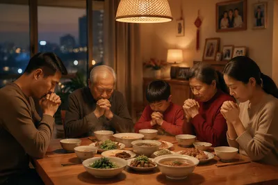 Chinese Family Praying Before Dinner Together