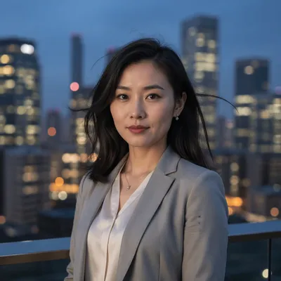Professional Woman on Rooftop at Blue Hour