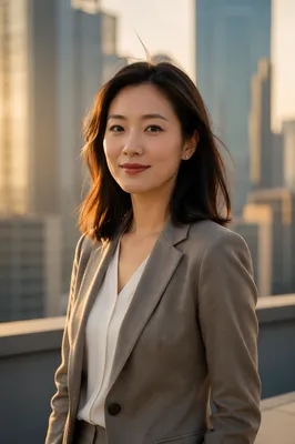 Confident Chinese Woman on Rooftop Terrace