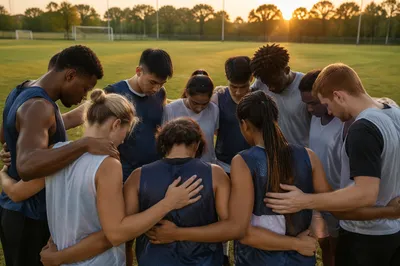 College Athletes Praying in Sunrise Huddle