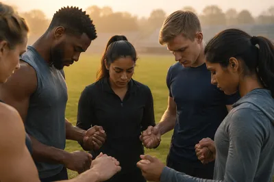 College Athletes Praying on Morning Field