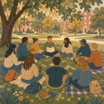 Students Sitting in Campus Lawn Circle