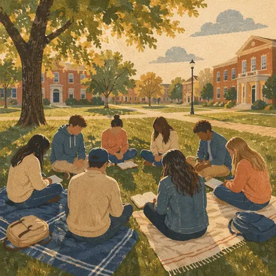 Students Gathered on Campus Lawn
