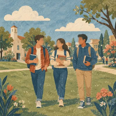 Three College Students Walking Across Campus Lawn
