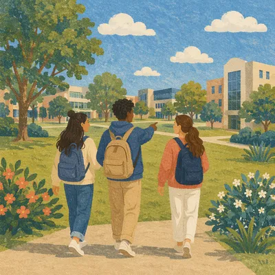 College Friends Walking Across Sunny Campus Lawn