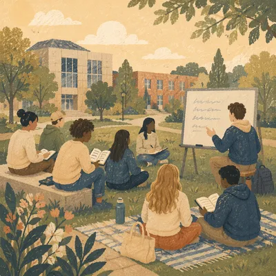 College Students Discussing on Campus Lawn