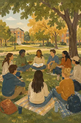Students Sitting in Campus Lawn Circle