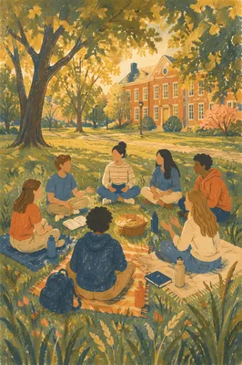 Students Gathering on Campus Lawn