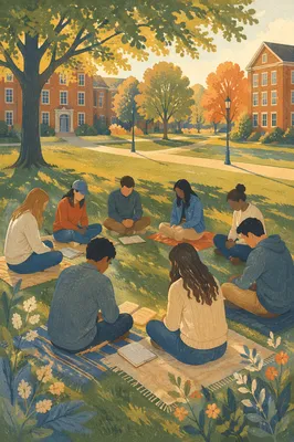 College Students Sitting on Campus Lawn