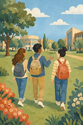 College Students Walking Across Campus Lawn